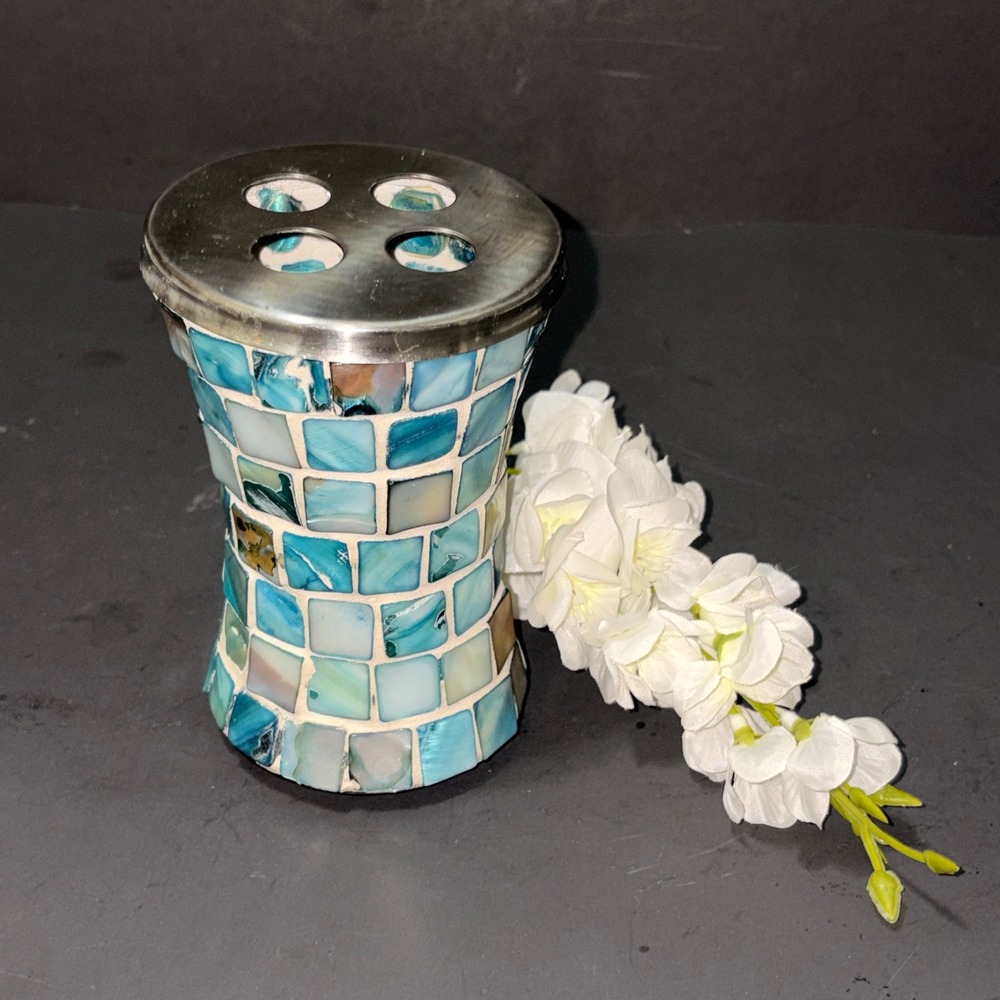 Blue Mosaic Mother of Pearl Toothbrush Holder Coastal Teal Shell Bathroom Decor